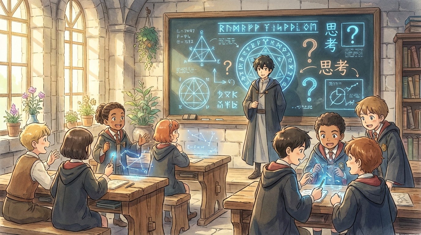 魔法学校の教室——ホログラフィック画面と黒板に『思考』の文字