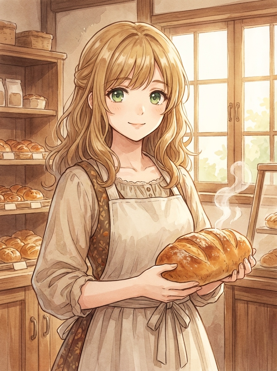 焼きたてのパンを持つエルナ