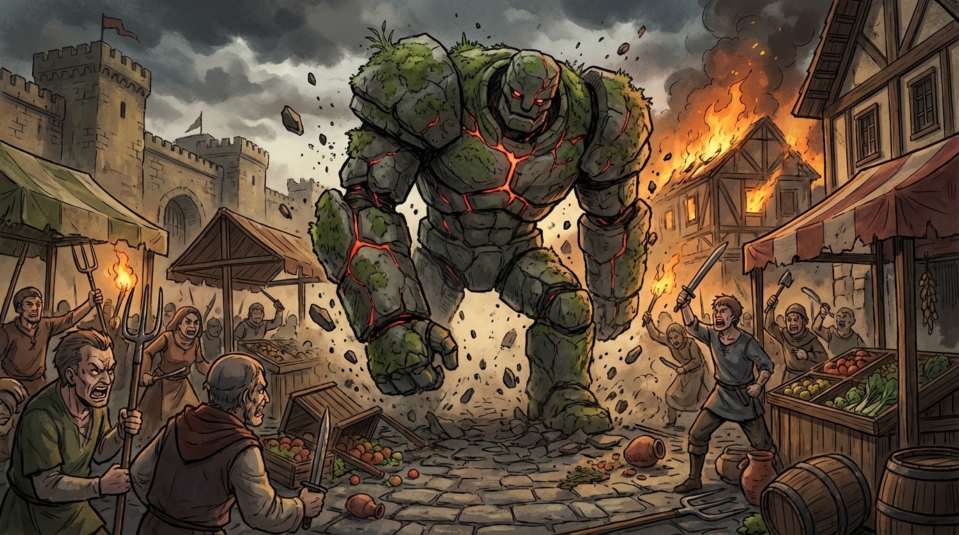 市場で暴れるゴーレムと怒る市民たち——自動化と雇用の衝突
