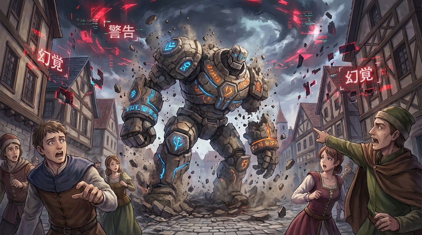 巨大ゴーレムが崩壊し、赤い警告テキストが空間に浮かぶ