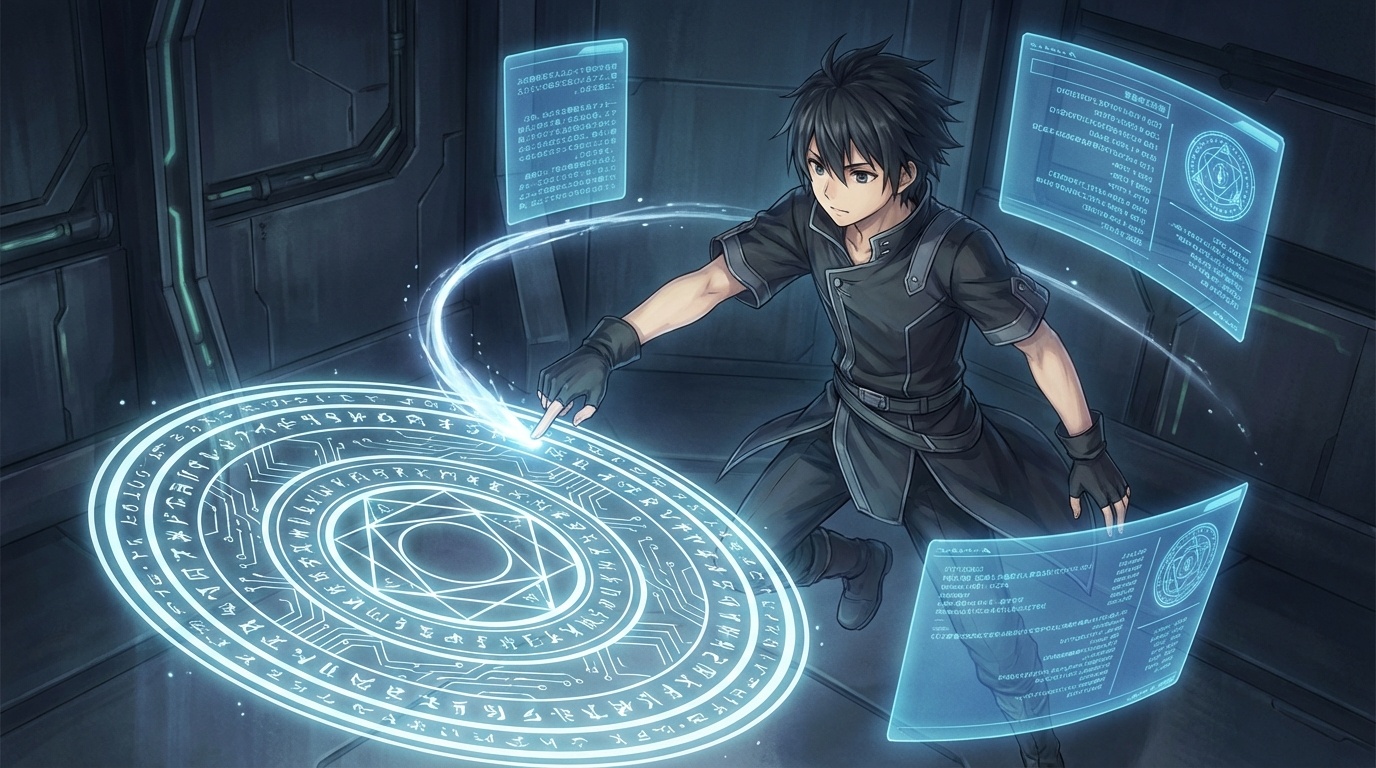 レンハルトが魔法陣を指先で描く——コードと魔法の融合