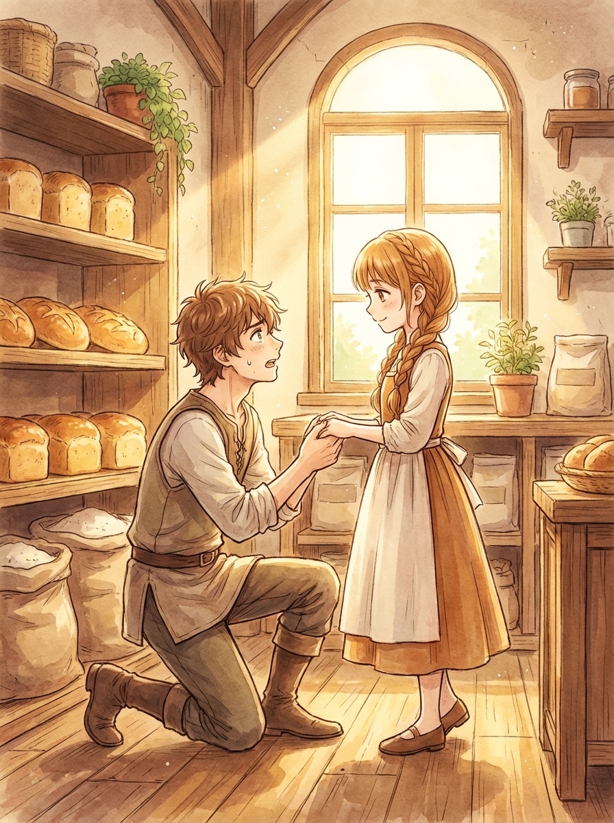 パン屋で膝をつくレンハルトとエルナ——30点のプロポーズ