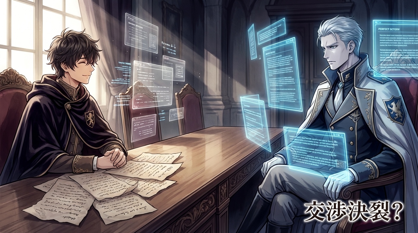 レンハルトとヴィクトル——手書きの文書とAI生成のホログラムが対峙する交渉の場